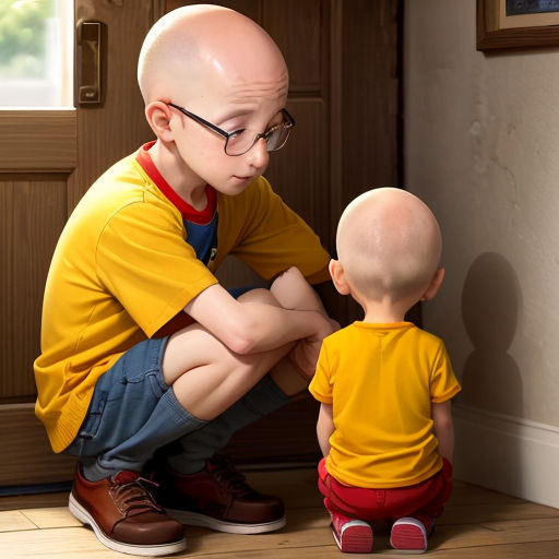 a bald man sitting on the floor next to a small child with glasses on his head and a bald head