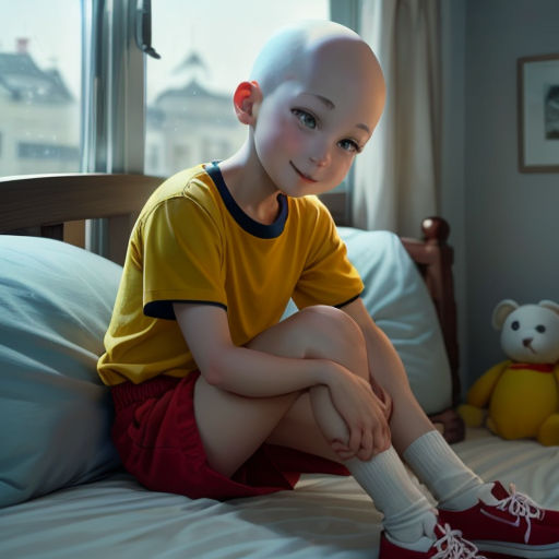 a young boy sitting on a bed with a bald head and red shoes on his feet, smiling at the camera
