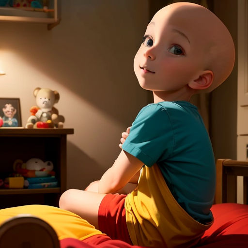 a young boy sitting on a bed with a bald head and a teddy bear on the wall behind him