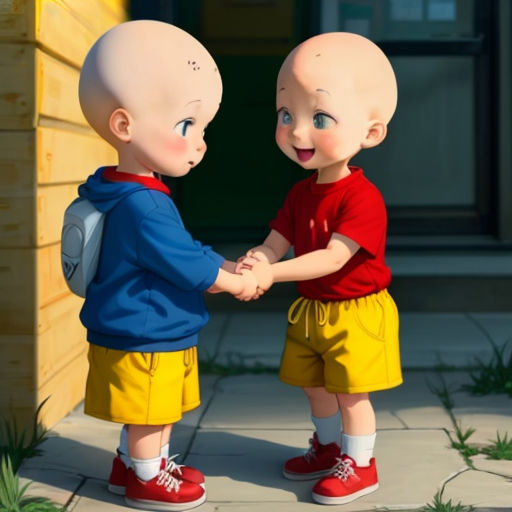 two cartoon children shaking hands on a sidewalk outside a building with grass and a door in the background,