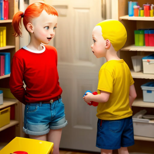 two children standing in a room with a yellow table and a yellow box on the floor and a yellow box on the floor