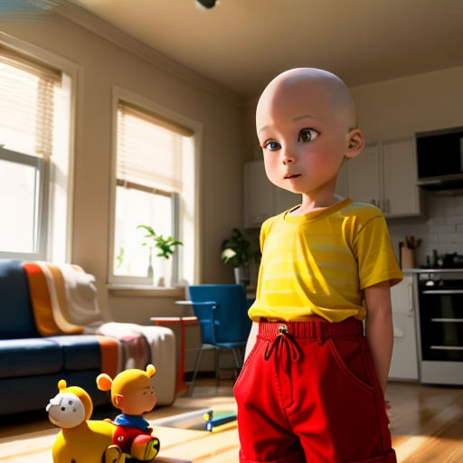 a young boy standing in a living room next to a toy car and a couch with a window behind him