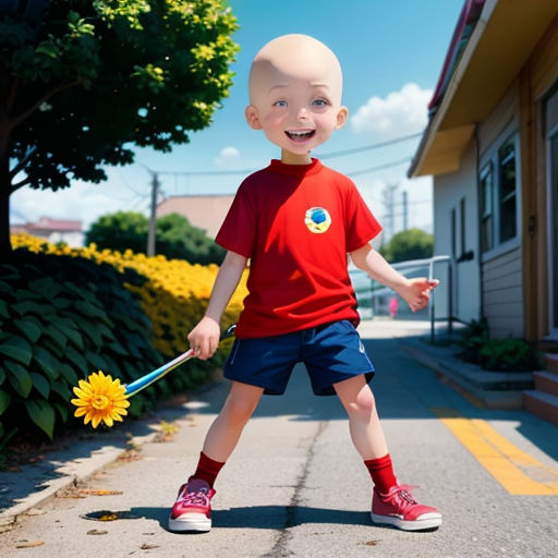 a young boy holding a yellow flower in his hand and a red shirt on his shirt and red shoes