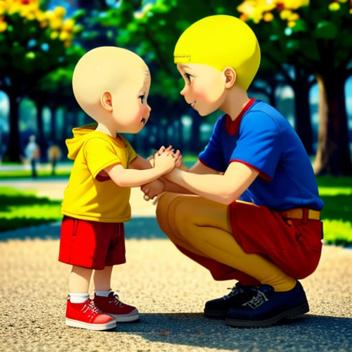 a boy and a boy are sitting on the ground and touching hands together, with trees in the background