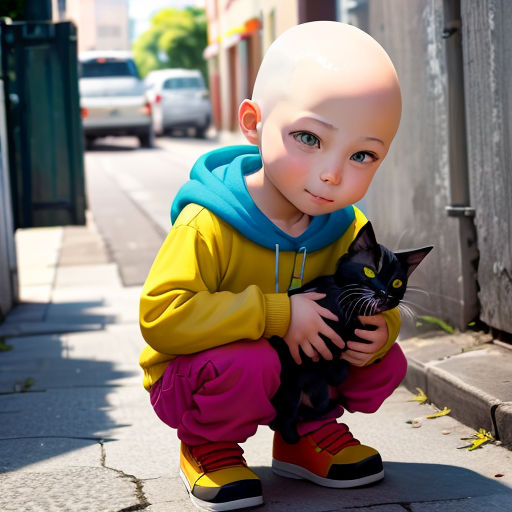 a young boy with a bald head holding a black cat on a sidewalk next to a building and a car