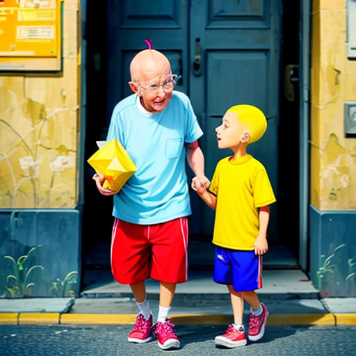 a man and a boy are standing outside a building holding hands and looking at each other with a yellow box in front of them