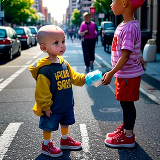 two children are standing on the street and one is holding a bottle of water and the other is holding a balloon
