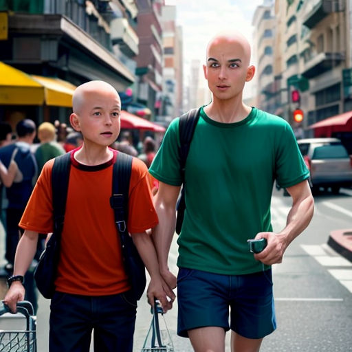 two young men walking down a street with luggage in hand and a man with a bald head on the other side of the street