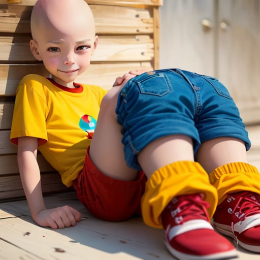 a young child with a bald head sitting on a bench with his legs crossed and his head turned to the side