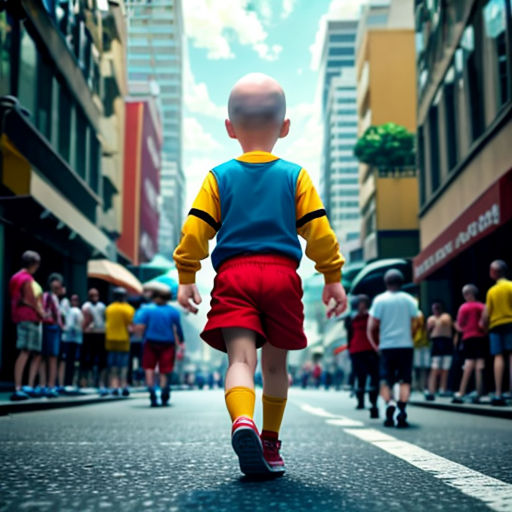 a young boy is walking down the street in a colorful outfit and socks with a crowd of people behind him