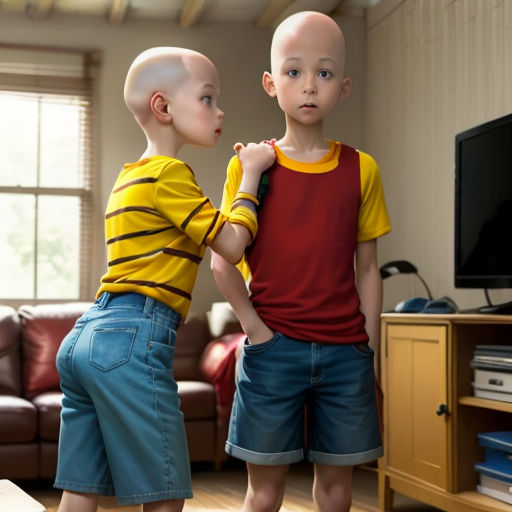 two young boys standing in front of a tv in a living room with a couch and a television on