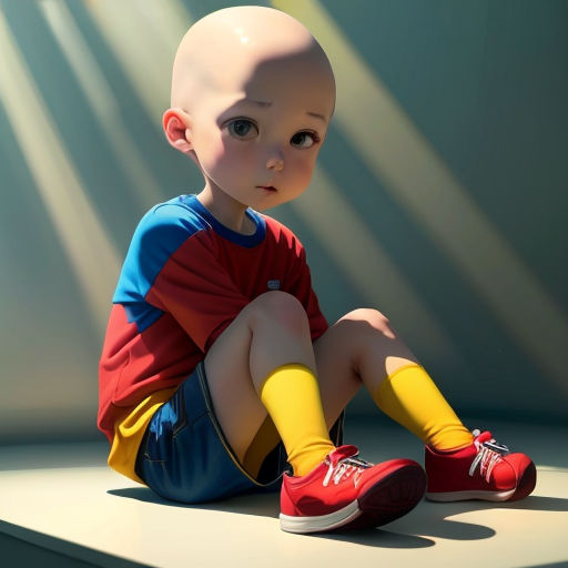 a small child with a bald head sitting on a ledge with his legs crossed and his feet crossed, wearing red and blue shorts