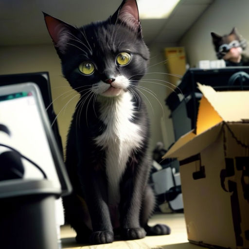 a black and white cat sitting on a desk next to a computer monitor and keyboard and a box of boxes