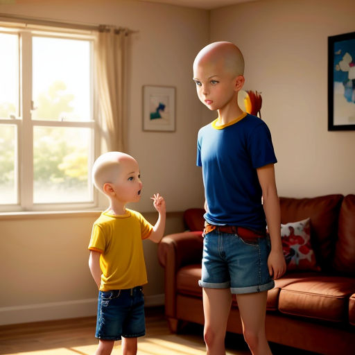 a boy and a bald headed boy in a living room with a couch and a window with a view of the outside