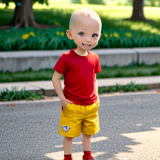 a young boy with a bald head and red shirt standing on a street with a skateboard in front of him