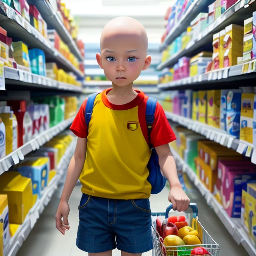 a young boy with a shopping cart in a grocery store aisle with shelves of food and milk and juice