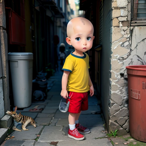 a young boy with a bald head standing in a doorway with a toy dinosaur nearby on a sidewalk in a city