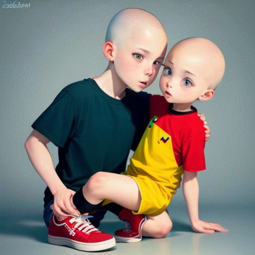 a couple of kids sitting next to each other on a floor with a bald head on top of them