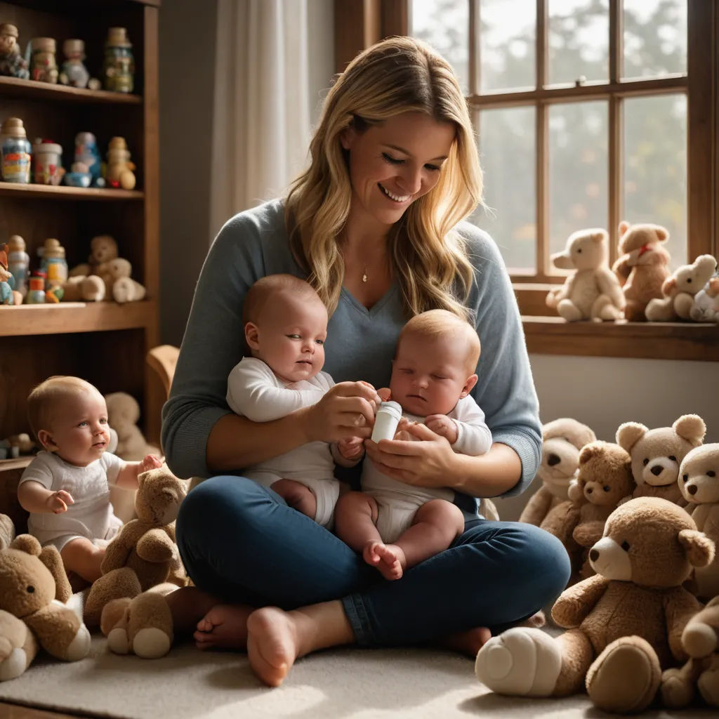a woman holding a baby surrounded by stuffed animals and teddy bears in a room with a window and a shelf of teddy bears, neoplasticism, a stock photo, Caroline Lucy Scott, promotional image