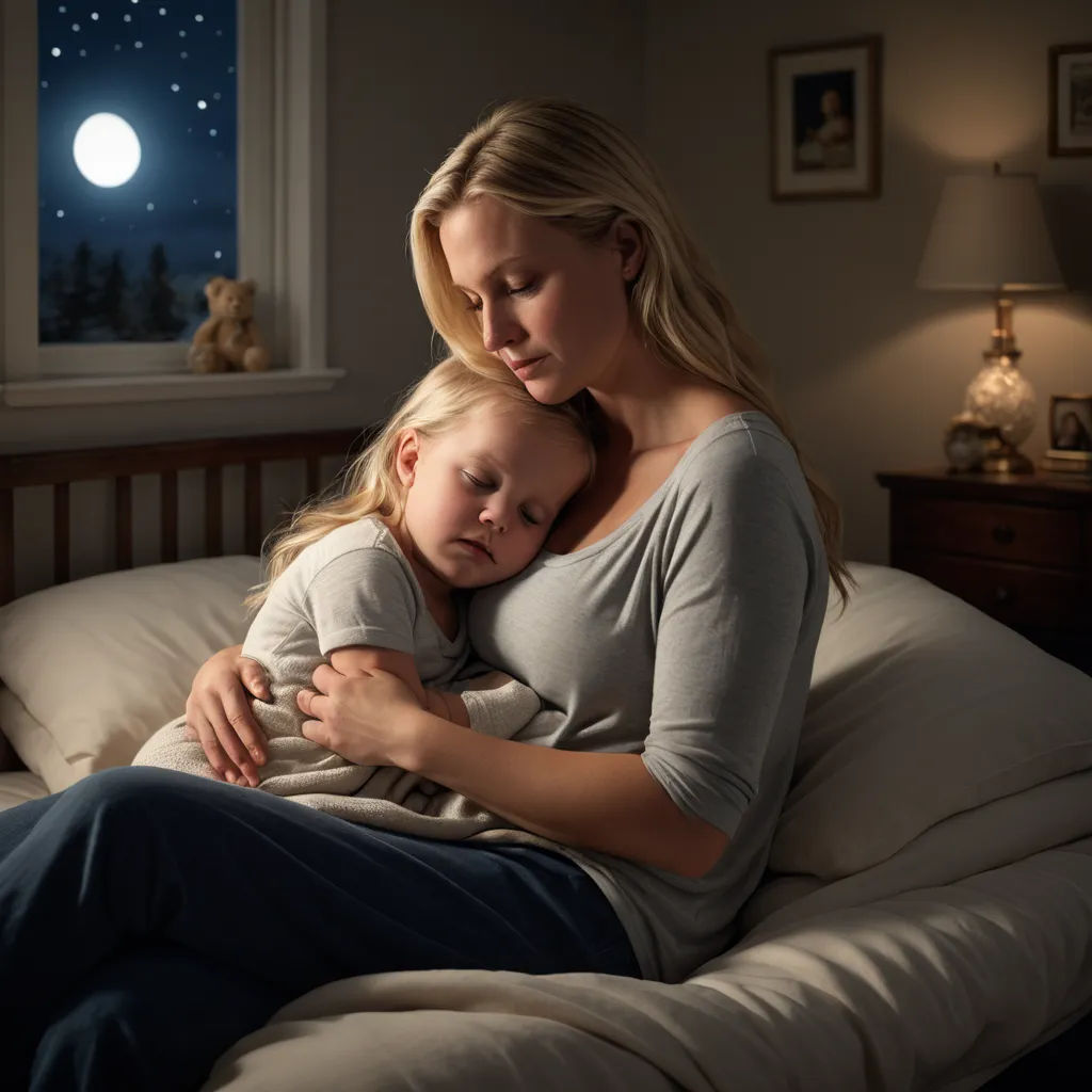a woman holding a child on a bed in a room with a window and a night sky in the background, neoism, a stock photo, Daniel Lieske, promotional image