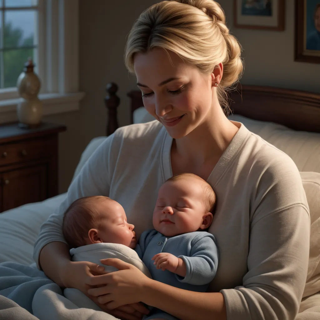 a woman holding a baby in her arms while sitting on a bed in a bedroom with a window behind her, photorealism, a computer rendering, Beatrice Huntington, promotional image
