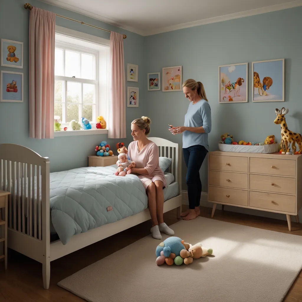 a woman standing next to a child in a bedroom next to a bed and a dresser with a stuffed animal, american scene painting, a storybook illustration, Caroline Lucy Scott, dim volumetric lighting