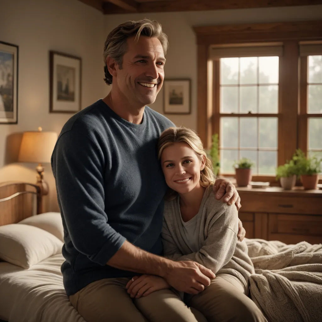 a man and woman sitting on a bed together smiling at the camera, with a window in the background, arts and crafts movement, a stock photo, Christian Hilfgott Brand, promotional image