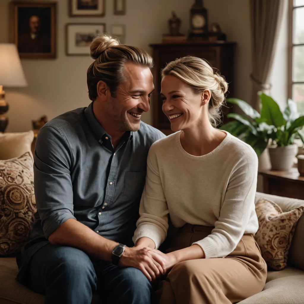 a man and woman sitting on a couch smiling at each other's eyes and smiling at each other, arts and crafts movement, a stock photo, Christian Hilfgott Brand, portrait photography