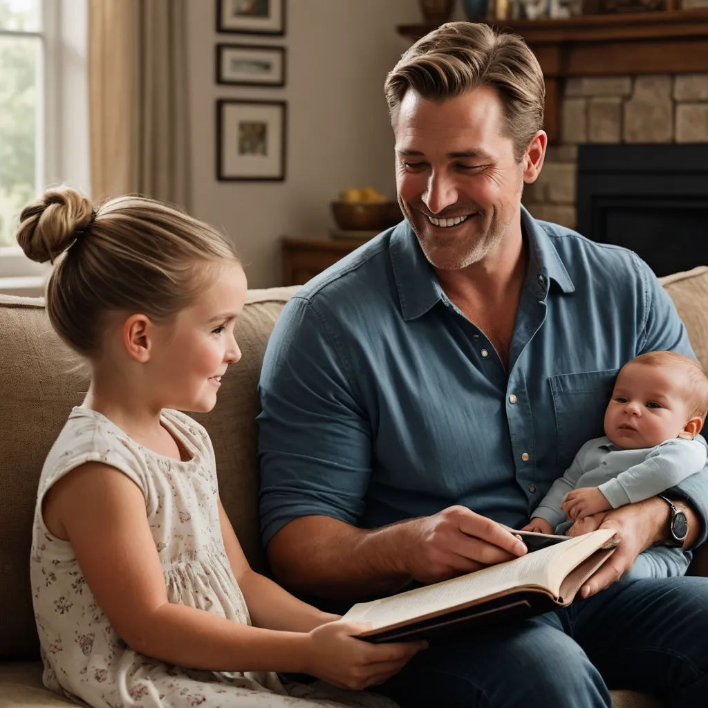 a man sitting on a couch with a little girl and a book in his lap and a baby girl holding a baby, private press, a storybook illustration, Doug Ohlson, promotional image