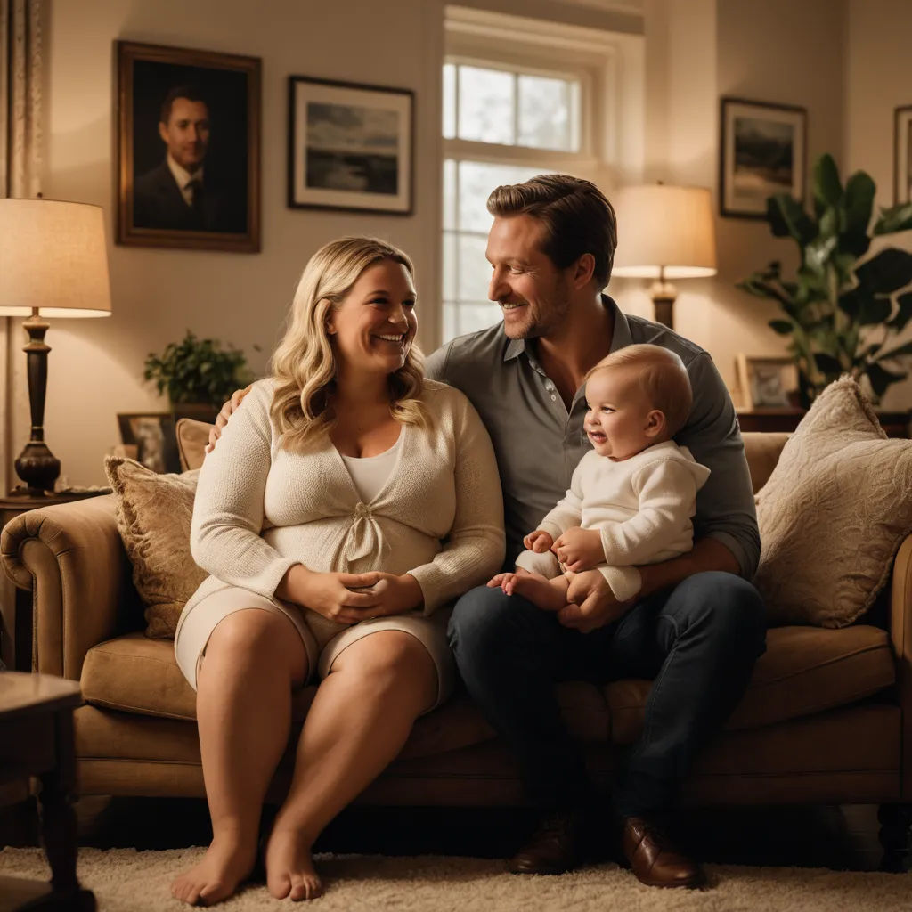 a man and woman sitting on a couch with a baby in their lap and smiling at each other's side, american realism, a storybook illustration, Anne Rigney, promotional image