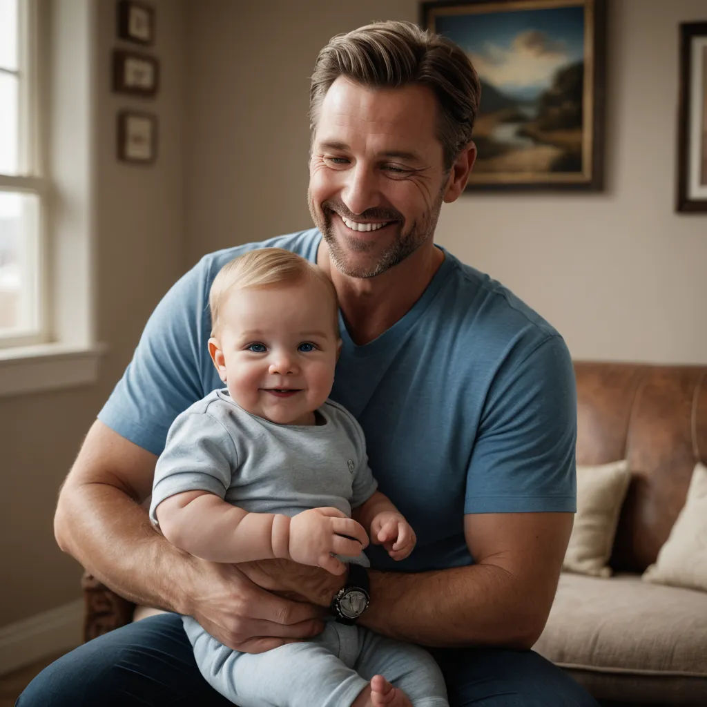 a man holding a baby in his arms in a living room with a couch and a window in the background, dada, a stock photo, Everett Raymond Kinstler, portrait photography