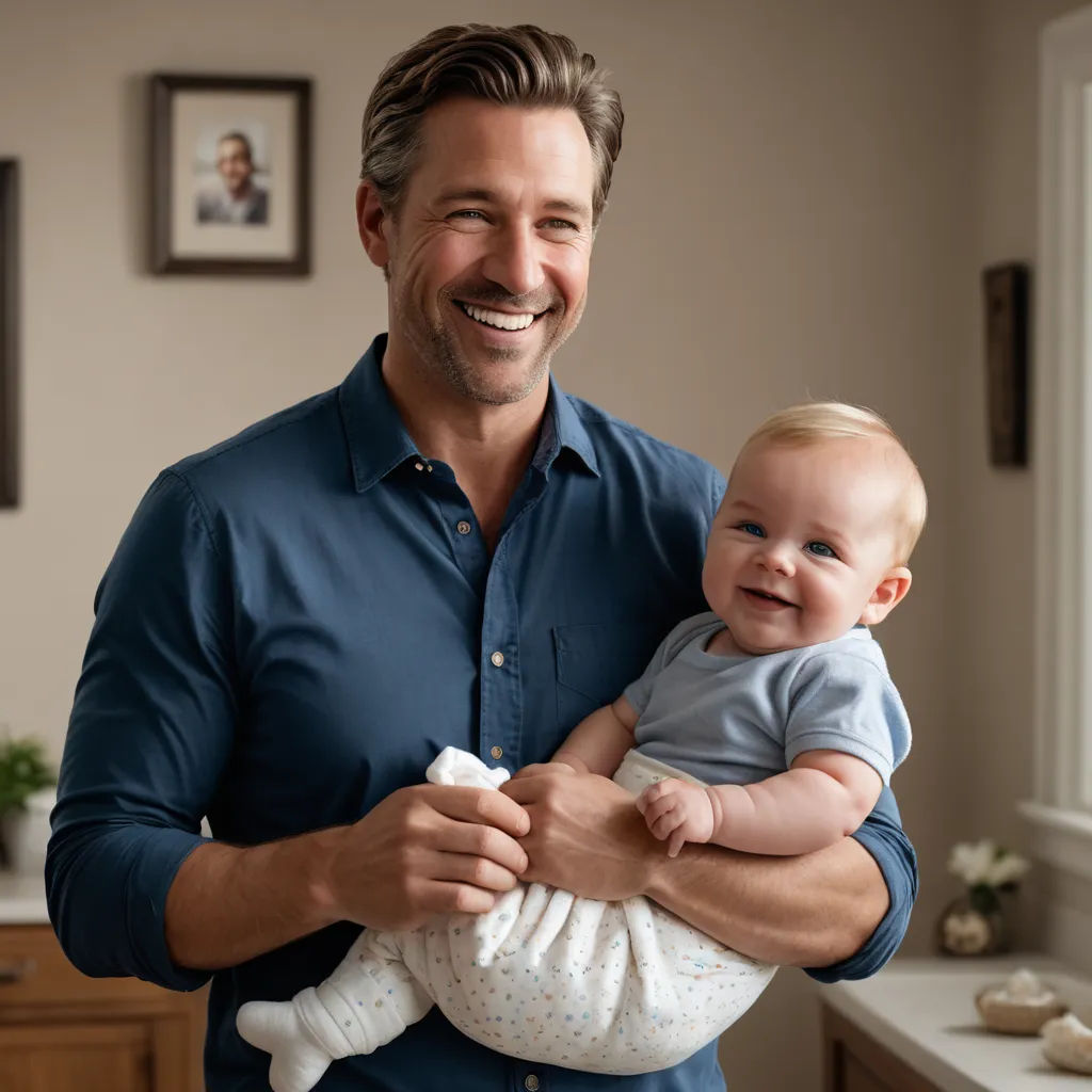 a man holding a baby in his arms in a kitchen with a window behind him and a picture of a man on the wall, dada, a stock photo, Drew Tucker, promotional image