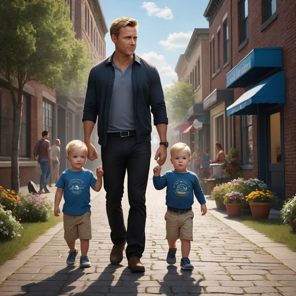 a man and two children walking down a street in front of a building with a blue awning on it, american realism, concept art, Everett Warner, promotional image