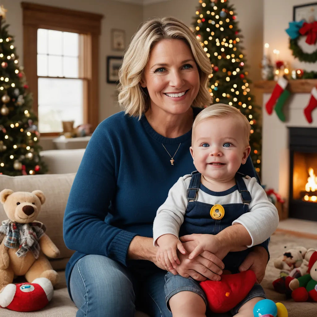 a woman sitting on a couch holding a baby in front of a christmas tree with a teddy bear and a fireplace, regionalism, a stock photo, Everett Raymond Kinstler, promotional image