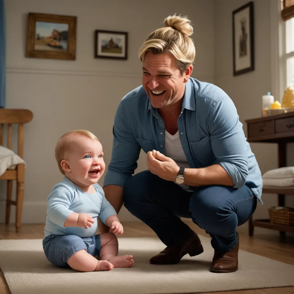 a man kneeling down next to a baby on a rug with a toothbrush in his mouth and a toothbrush in his mouth, dada, a stock photo, Evan Charlton, promotional image