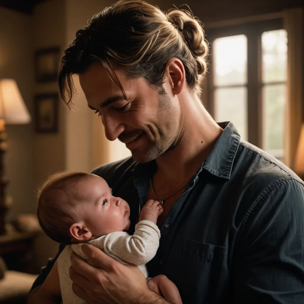 a man holding a baby in his arms in a living room with a lamp on the wall and a window, dada, a stock photo, Everett Raymond Kinstler, promotional image