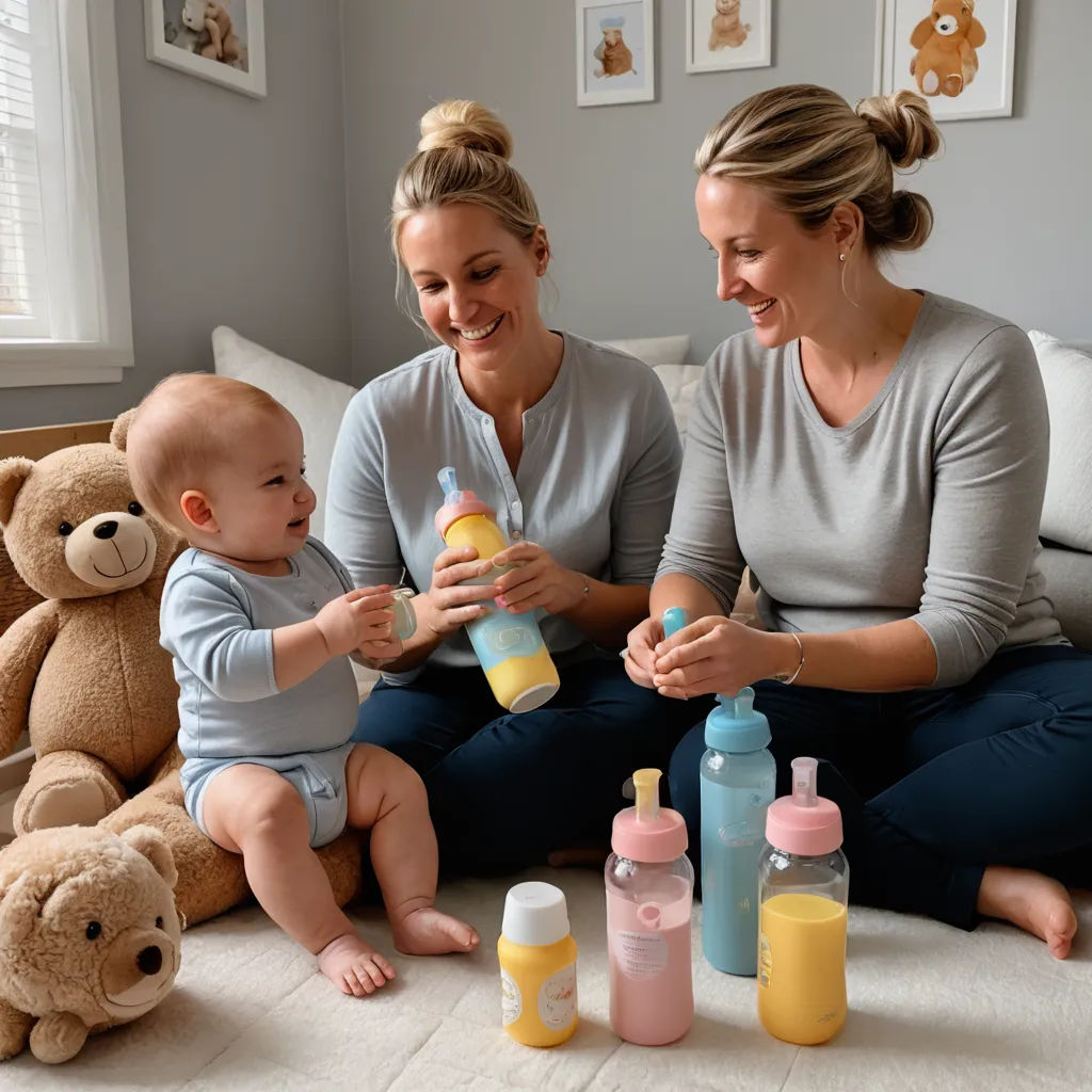 a woman and a baby are sitting on a bed with bottles of baby formulas and a teddy bear, private press, a stock photo, Evelyn Abelson, detailed product photo