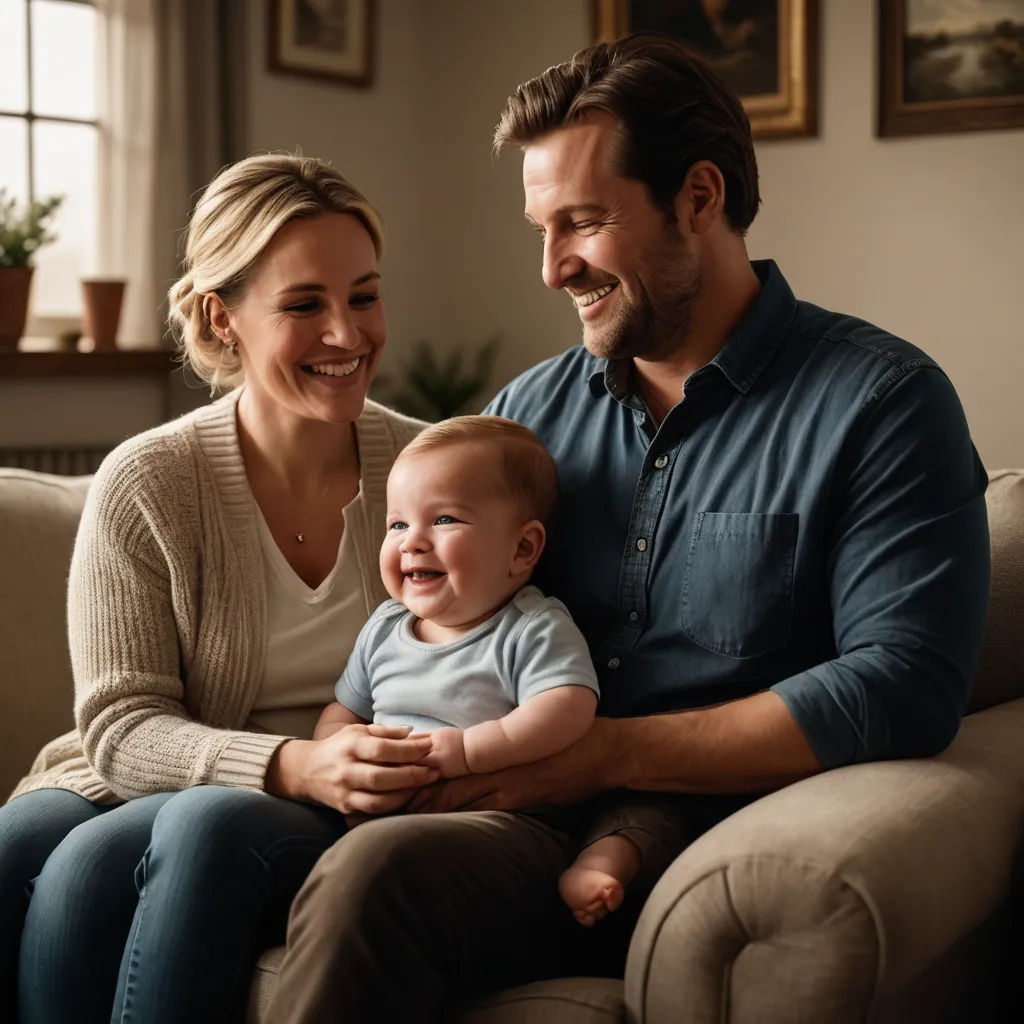 a man and woman sitting on a couch with a baby smiling at the camera while the man holds the baby, private press, a storybook illustration, Anne Rigney, promotional image