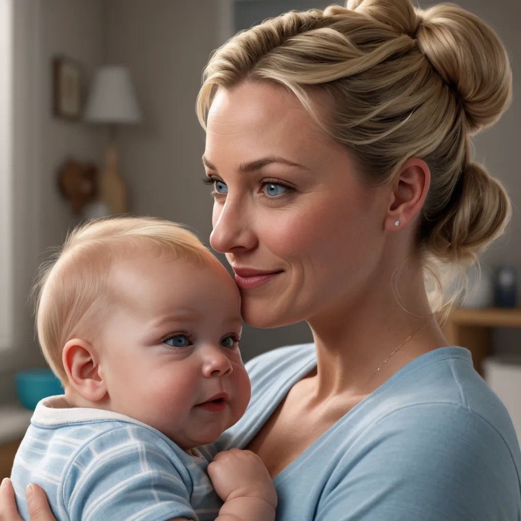 a woman holding a baby in her arms and smiling at the camera with a smile on her face and a blue shirt on, hyperrealism, a computer rendering, Beatrice Huntington, promotional image