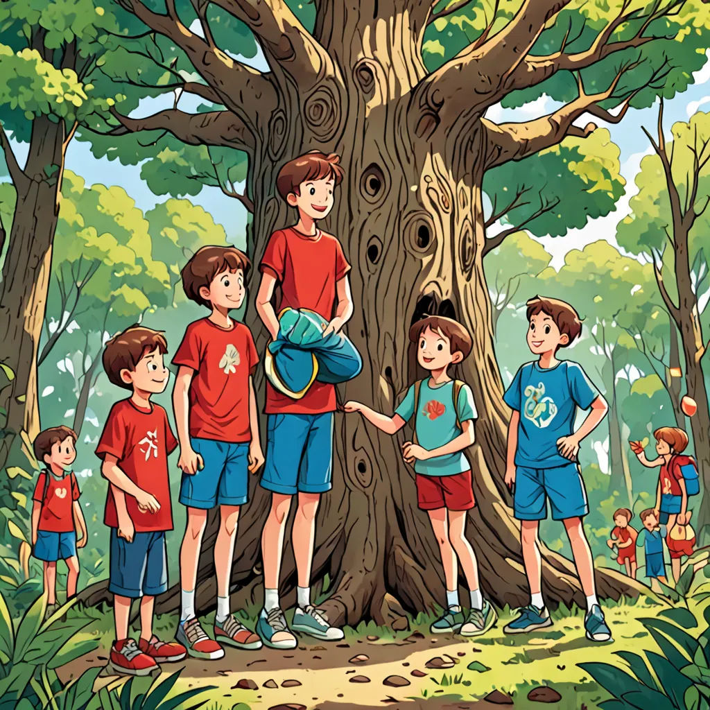 a group of children standing around a tree in a forest with a basketball ball in it's hand, les automatistes, a storybook illustration, Diego Gisbert Llorens, official art