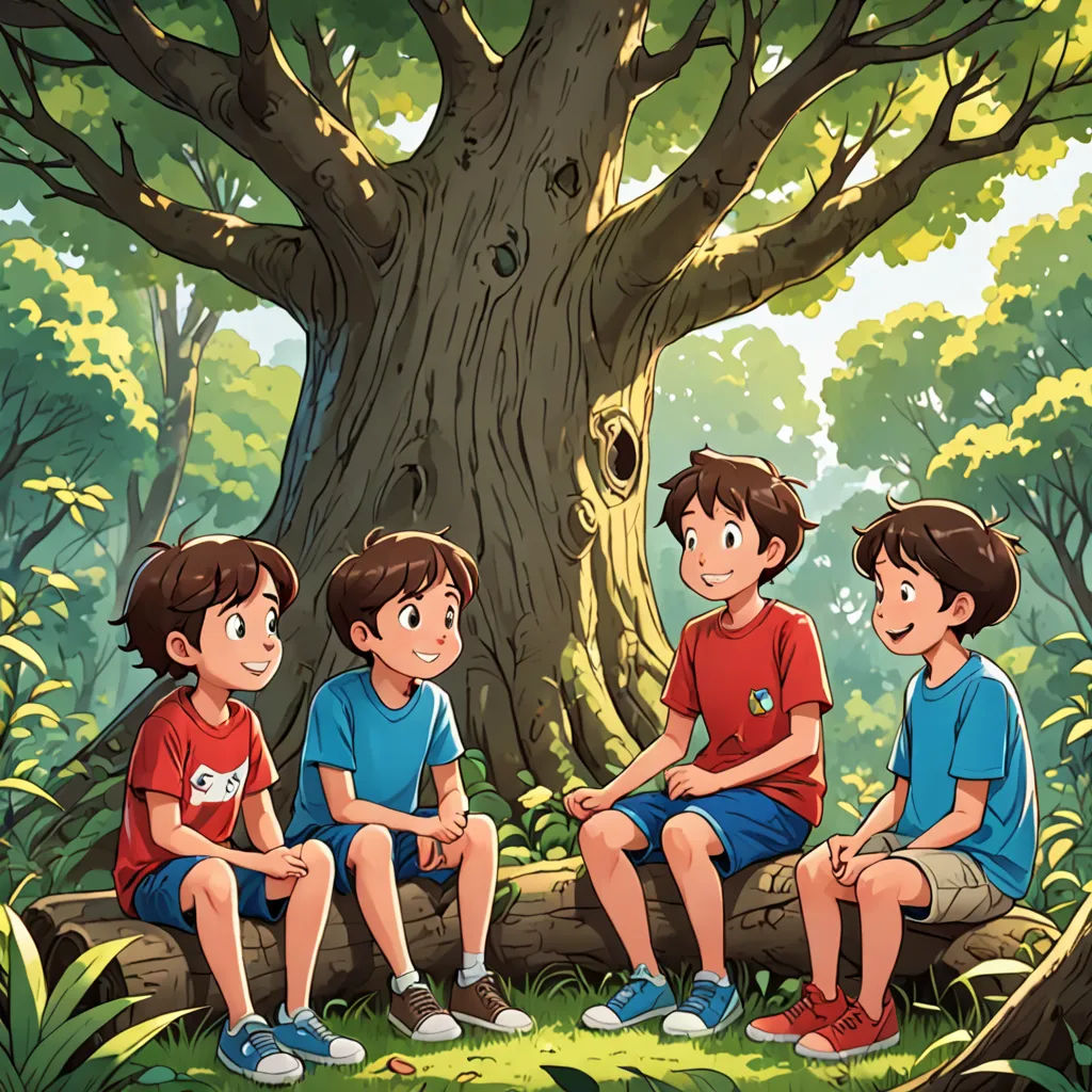 a group of kids sitting on a log in the forest under a tree with a bird in the tree, lyco art, a storybook illustration, Diego Gisbert Llorens, official art