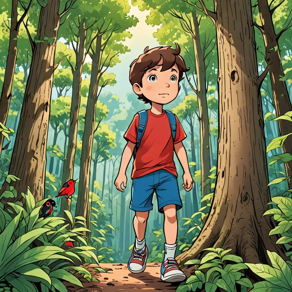 a boy walking through a forest with a bird on his shoulder and a bird on his shoulder, in the foreground, environmental art, a storybook illustration, Diego Gisbert Llorens, promotional image