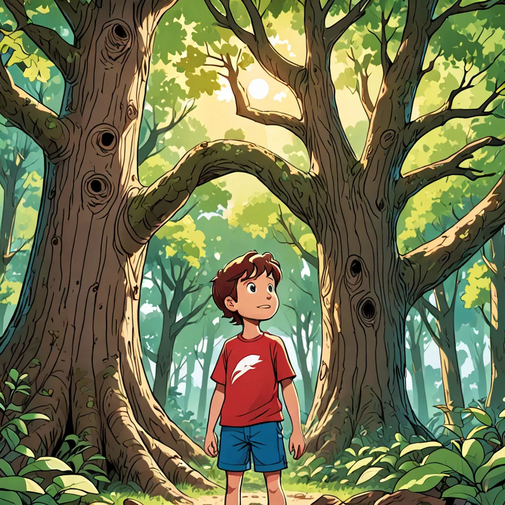a boy standing in front of a tree in a forest with a sun shining through the trees and a bird in the distance, environmental art, a storybook illustration, Diego Gisbert Llorens, promotional image