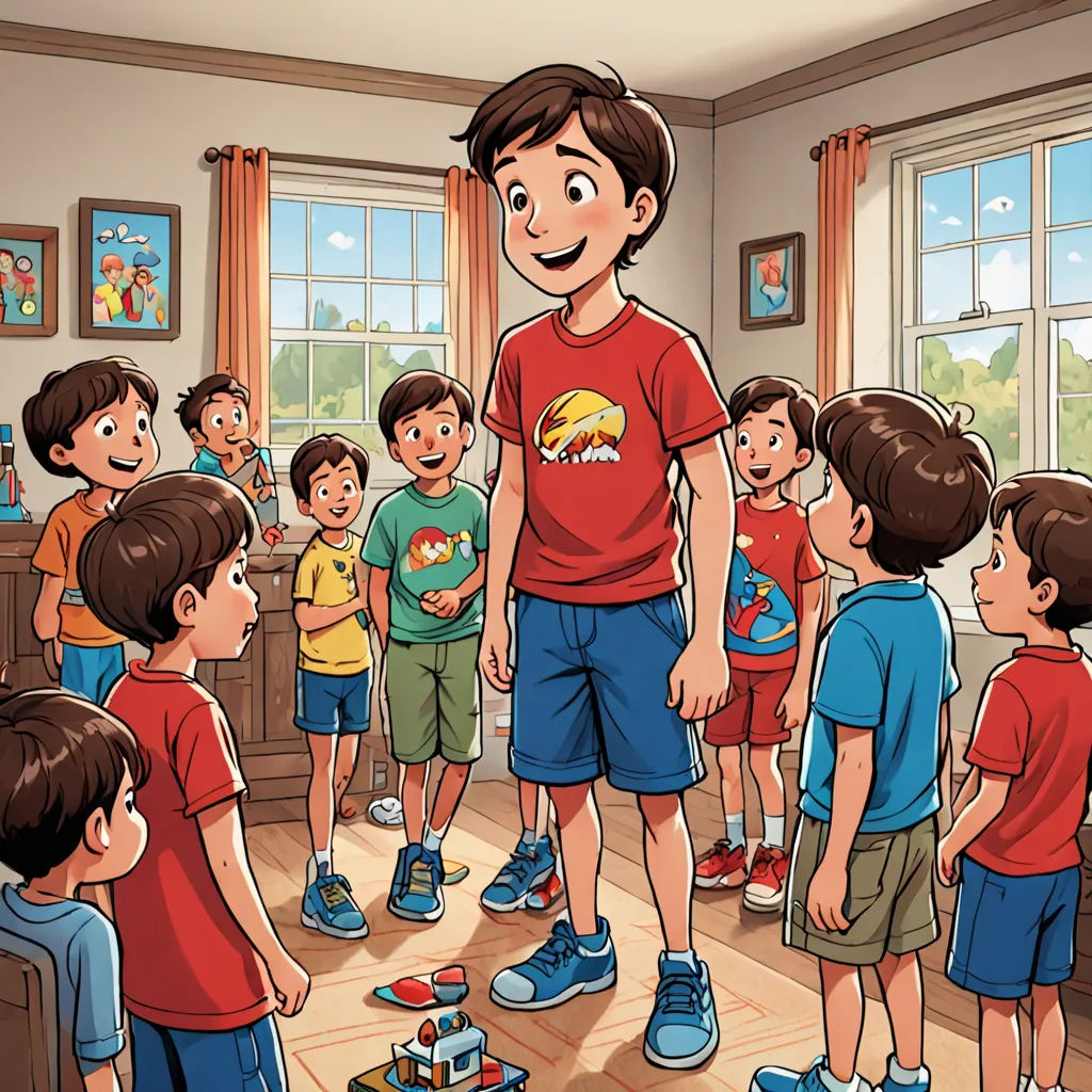 a boy standing in front of a group of children in a room with a tv on the wall and a television on the floor, lyco art, a storybook illustration, Adam Rex, storybook illustration