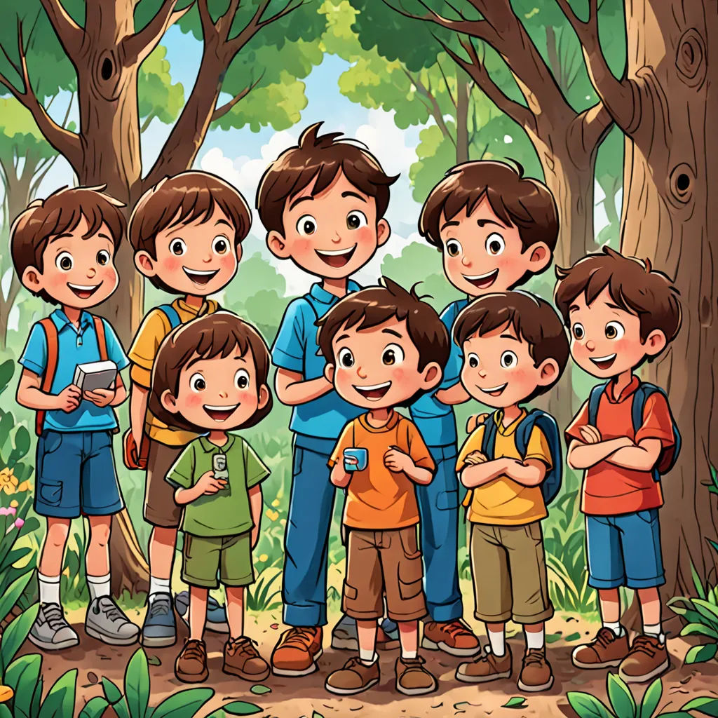 a group of children standing in the woods together with a tablet computer in their hands and a book in their hands, lyco art, a storybook illustration, Diego Gisbert Llorens, storybook illustration