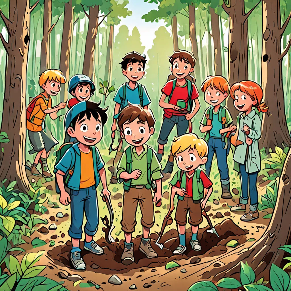 a group of children standing in the woods with a forest background and a cartoon of them in the background, underground comix, a storybook illustration, Diego Gisbert Llorens, promotional image