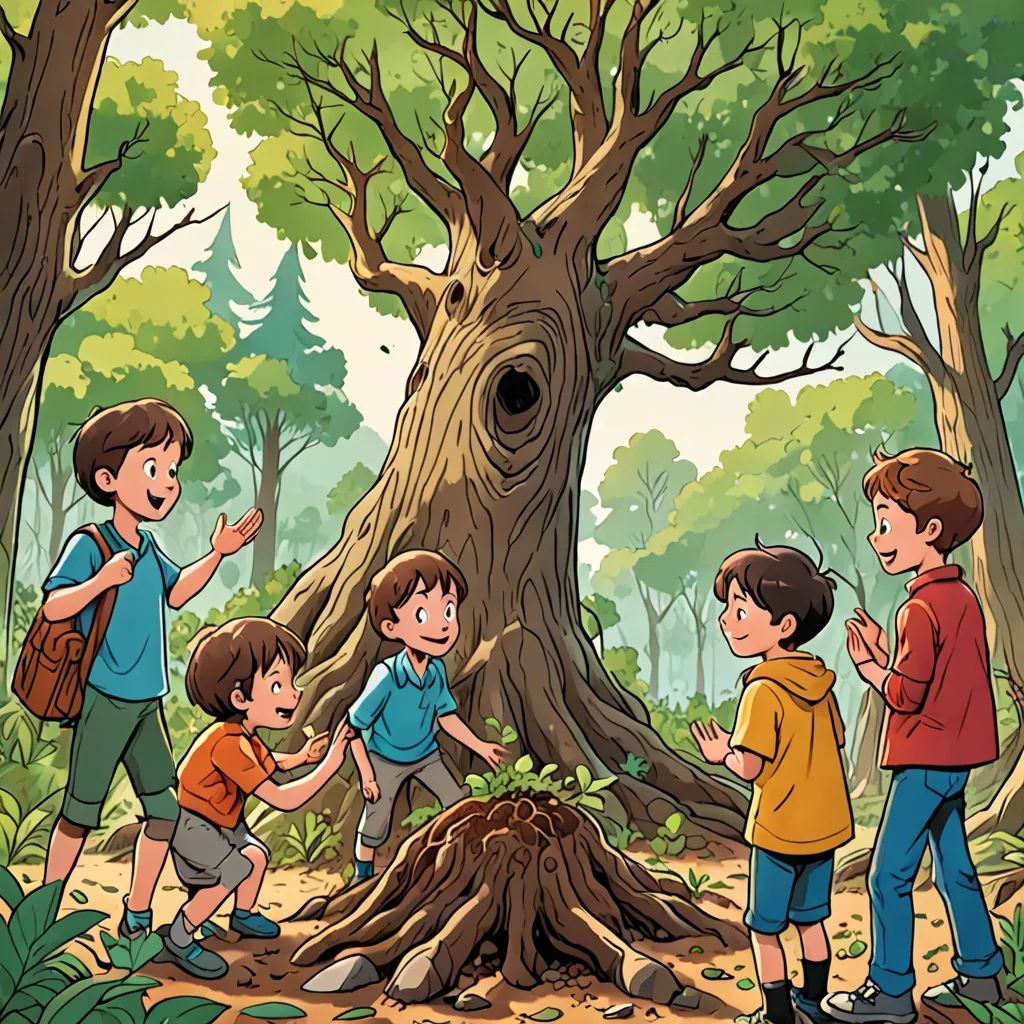 a group of children standing around a tree stump in a forest with a man standing next to it and a woman standing next to it, environmental art, a storybook illustration, Diego Gisbert Llorens, official art