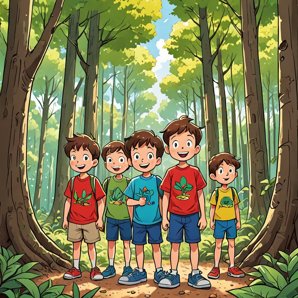a group of kids standing in the woods together with a forest background behind them and a cartoon of a group of kids standing in the woods, les nabis, a storybook illustration, Diego Gisbert Llorens, promotional image