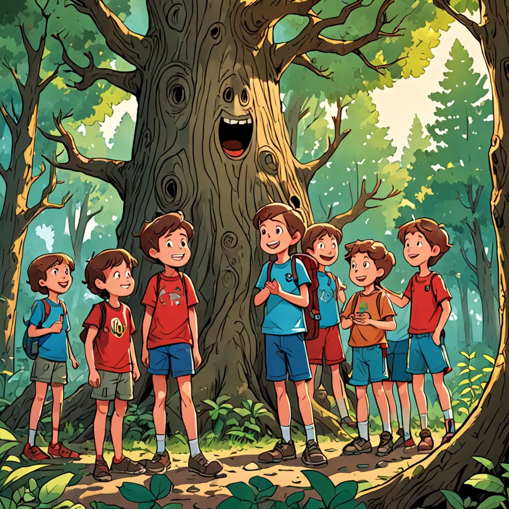 a group of children standing in front of a tree with a monster face on it's face and a man in the background, serial art, a storybook illustration, Diego Gisbert Llorens, ghibli