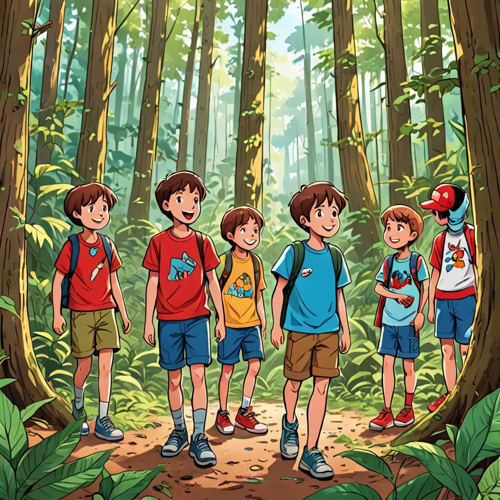 a group of kids standing in the woods together with a backpack on their shoulders and a backpack on their shoulder, rayonism, poster art, Adam Manyoki, official art